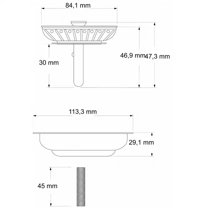 3,5"-es mosogatószűrő, L-45 mm-es csavar, szűrődugó,2