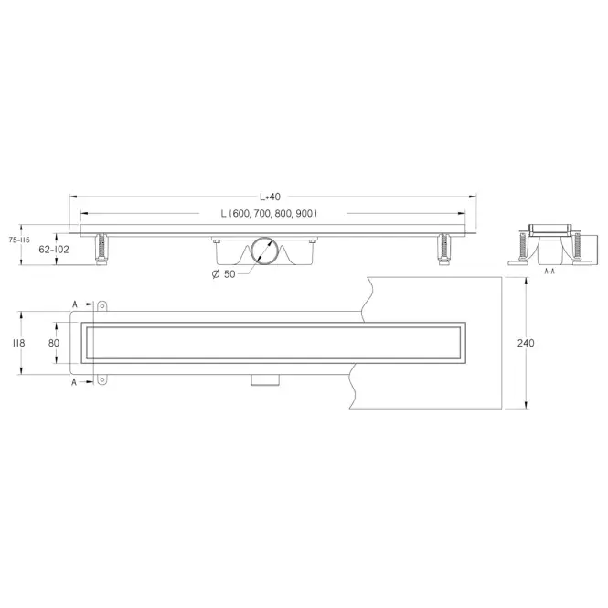 Lineáris vízelvezetés  megfordítható Duplex fekete ABS+Inox 800