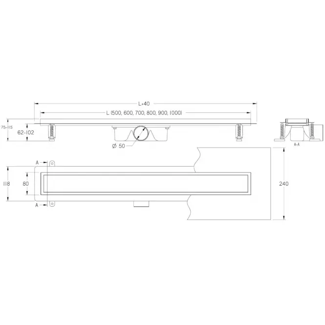 Lineáris lefolyó Inox fekete üveg 500