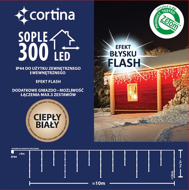 Karácsonyi fények LED sople 300l zew. Trans+gn+flash biały kabel10,4