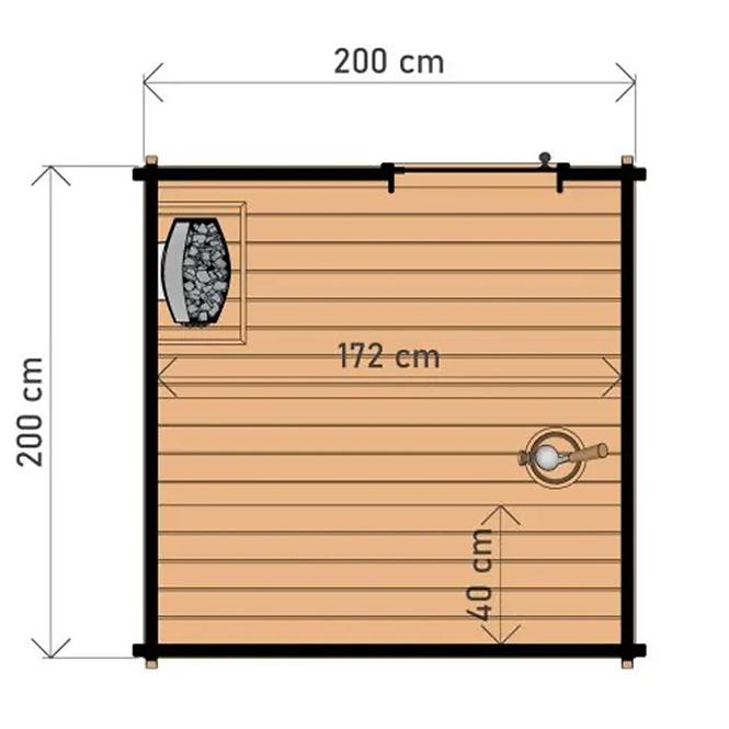 Kültéri négyszögletes szauna 2x2 m + szauna kályha Sentiotec 100 9 kW
