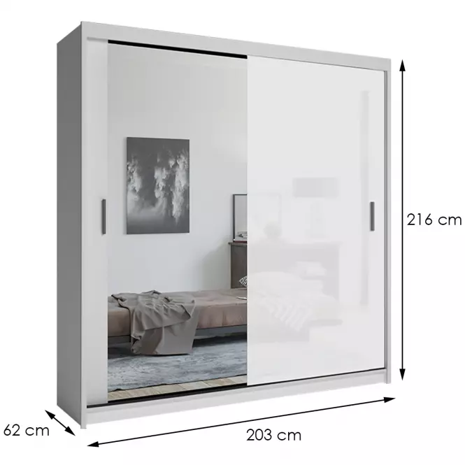 Szekrény Lux 203 fehér + 1 x Tükör  /1 x fehér fényes