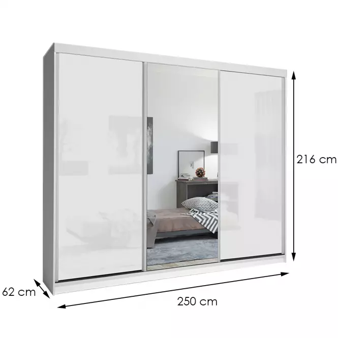 Szekrény Lux 250 fehér/ 1 x Tükör / 2 x fehér fényes