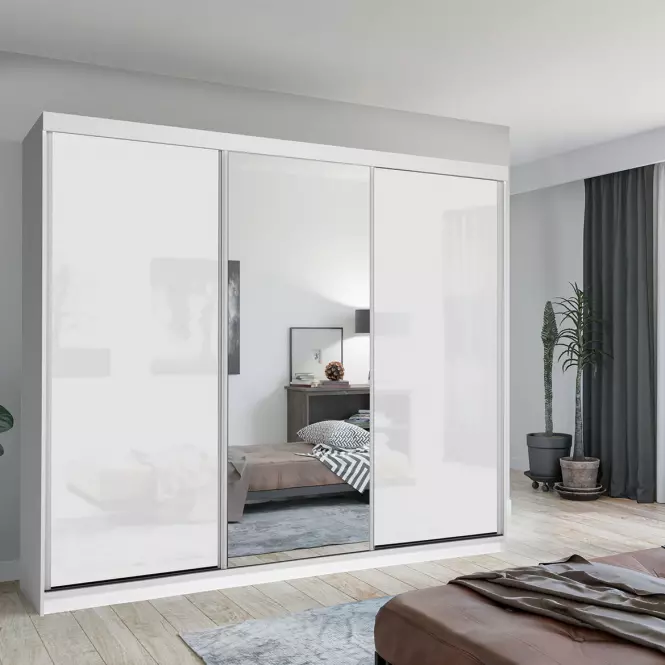 Szekrény Lux 250 fehér/ 1 x Tükör / 2 x fehér fényes
