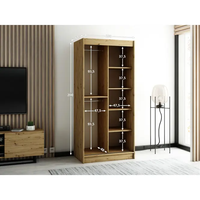 Szekrény Lamelo 2 100 Tölgy Artisan/fekete/Tükör,5