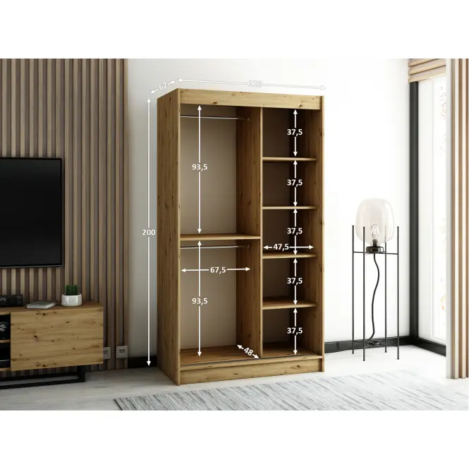 Szekrény Lamelo 2 120 Tölgy Artisan/fekete/Tükör,5