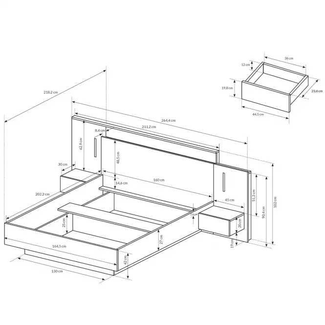 Ágy éjjeliszekrénnyel és világítással 3d B fehér / tölgy craft