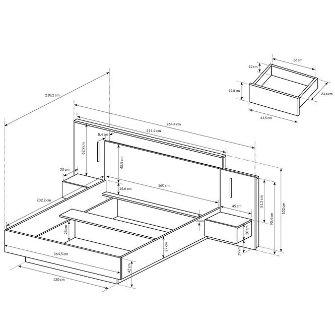 Ágy éjjeliszekrénnyel és világítással 3d B fehér / tölgy craft
