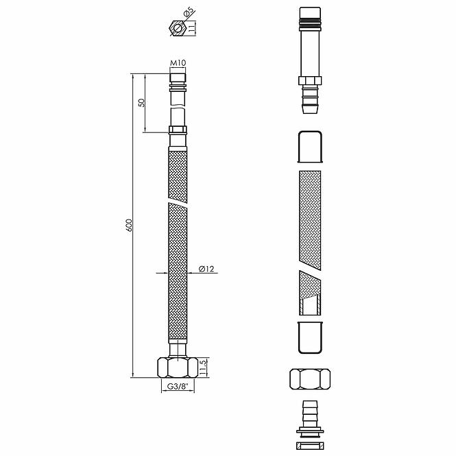 Tömlő zuhanycsaphoz 3/8X ML10 600 MM  fekete 2 db