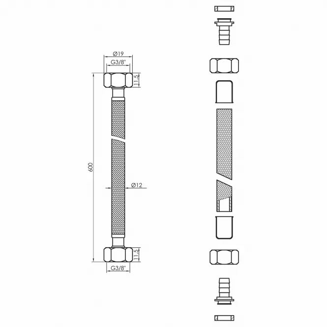 Gáztömlő 3/8 X 3/8 600 MM fekete,2