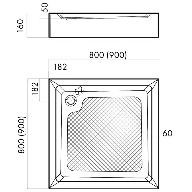 Zuhanytálca 80x80x16 beépített AQM350L,2