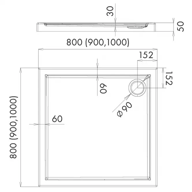 Négyzet alakú zuhanytálca Black Stone 90x90x5 Espera AQM261CST