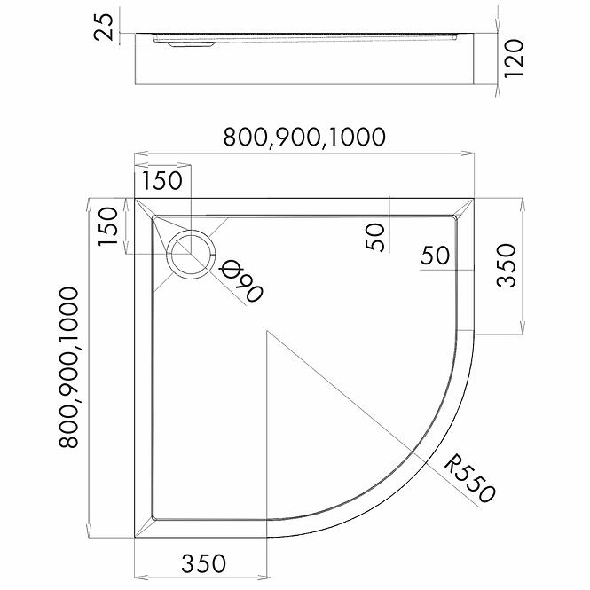Félkör alakú zuhanytálca 90x90x12 R55 Espera Plus AQM4634