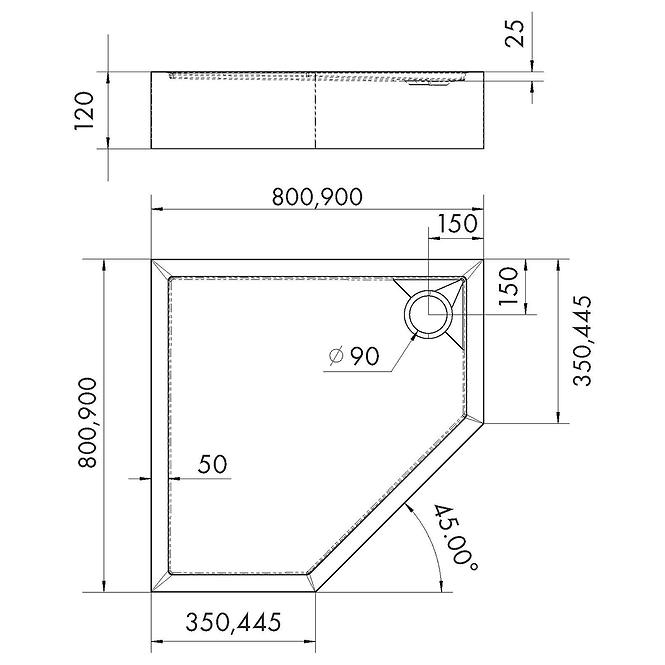 Ötszögletű zuhanytálca 90x90x12 Espera Plus AQM4698