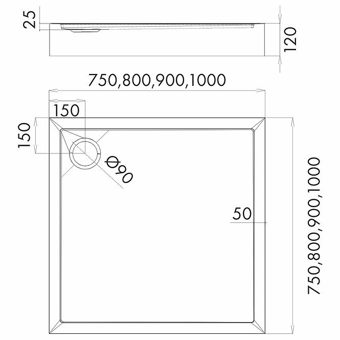 Négyzet alakú zuhanytálca Black Stone 80x80x12 Espera Plus AQM4630CST