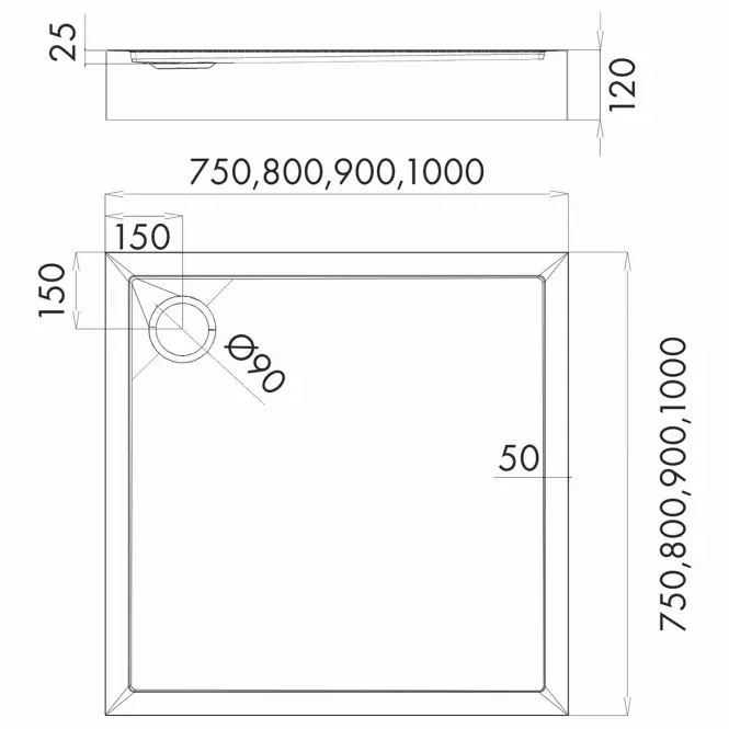 Négyzet alakú zuhanytálca Black Stone 80x80x12 Espera Plus AQM4630CST,2