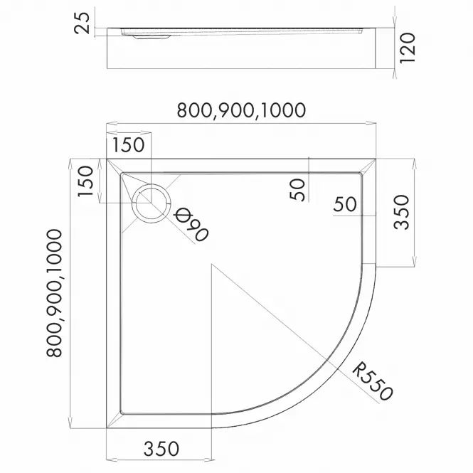Félkör alakú zuhanytálca Black Stone 80x80x12 R55 Espera Plus AQM4633CST