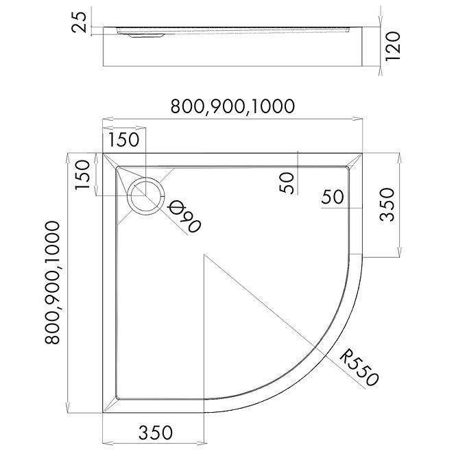 Félkör alakú zuhanytálca Black Stone 90x90x12 R55 Espera Plus AQM4634CST