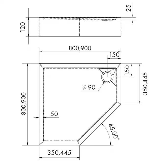 Ötszögletű zuhanytálca Black Stone 80x80x12 Espera Plus AQM4697CST