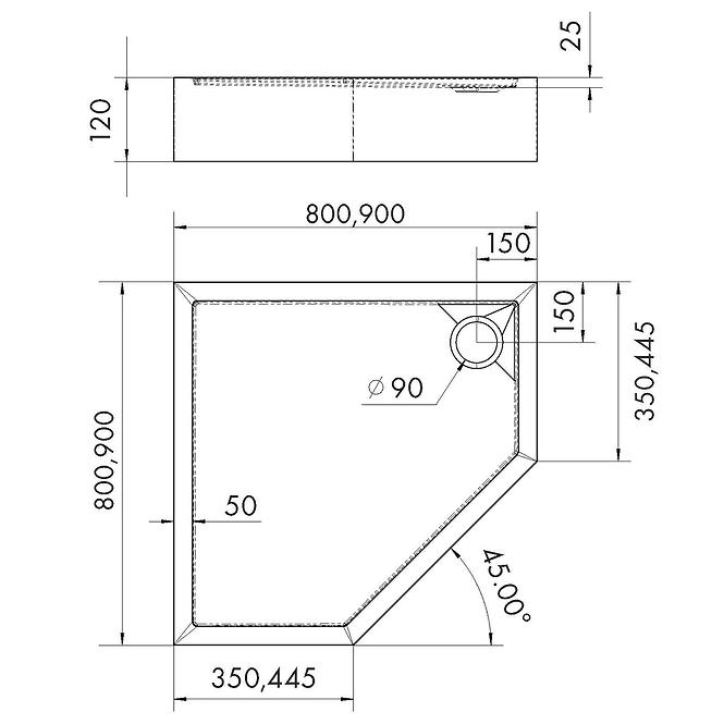 Ötszögletű zuhanytálca Black Stone 80x80x12 Espera Plus AQM4697CST,2