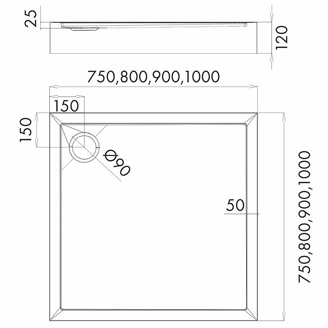 Négyzet alakú zuhanytálca Black Mat 80x80x12 Espera Plus AQM4630CMG