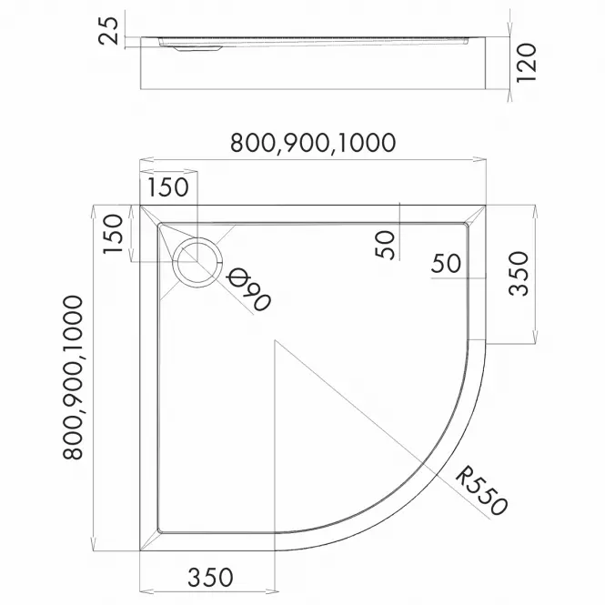 Félkör alakú zuhanytálca Black Mat 80x80x12 R55 Espera Plus AQM4633CMG