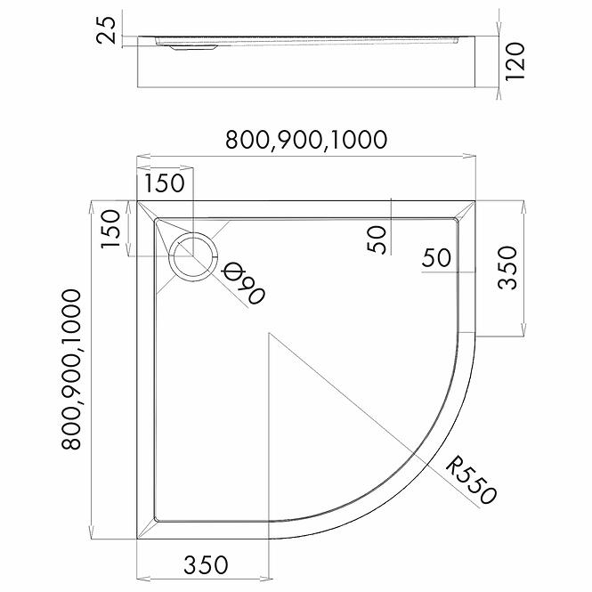 Félkör alakú zuhanytálca Black Mat 90x90x12 R55 Espera Plus AQM4634CMG
