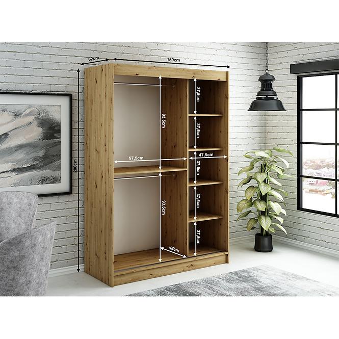 Szekrény Halifax T1 150 Tölgy Artisan/fekete/Tükör