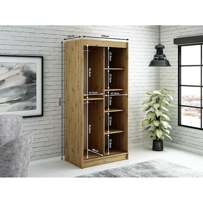 Szekrény Halifax T2 100 Tölgy Artisan/fekete/Tükör