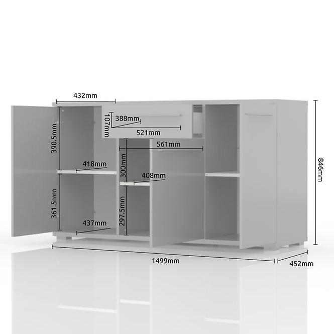 Komód Piano K150-3K1F/PN-70/KA/70 crystal white