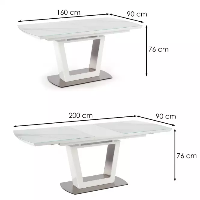 Kinyitható asztalok  Blanco 160/200x90cm Üveg/Mdf/Acél – Fehér Marmur/Fehér