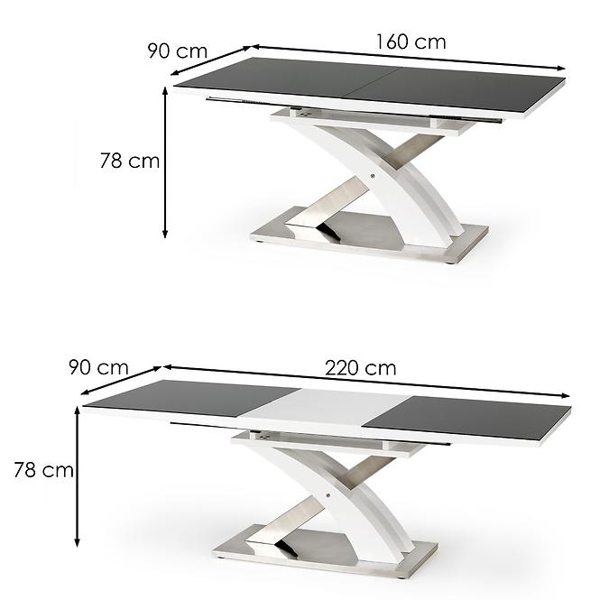 Asztal Sandor 2 160/220 Üveg-Fekete/Mdf-Fehér
