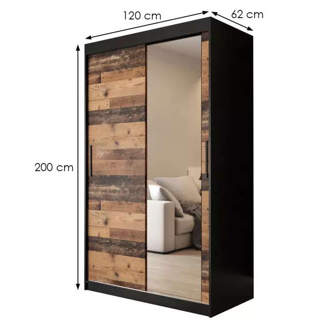 Szekrény Old Wood T2 120 Fekete/Old Style/Lustro,2