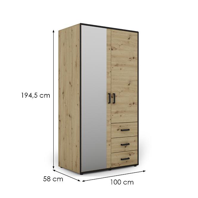 Szekrény Capannoli 3s 2d tükör tölgy artisan/fekete,2