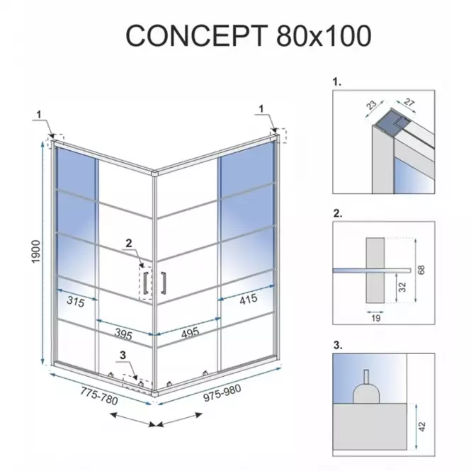Zuhanykabin Concept black 100x80x190,5