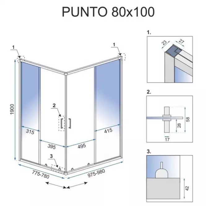 Zuhanykabin Punto Rea K1889 100x80x190 króm