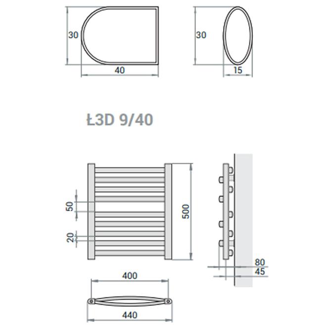 Fürdőszoba radiátor Łezka 3D Ł3D 9/40 fekete 500x440 mm