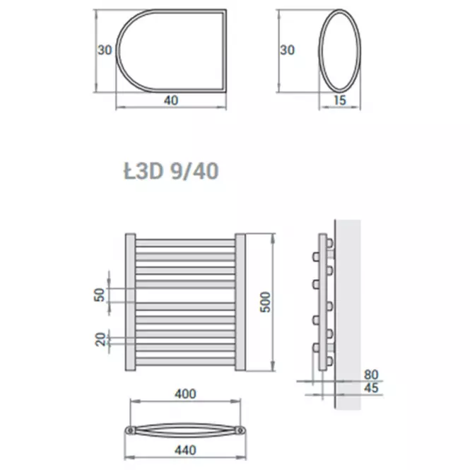 Fürdőszoba radiátor Łezka 3D Ł3D 9/40 fekete 500x440 mm,4