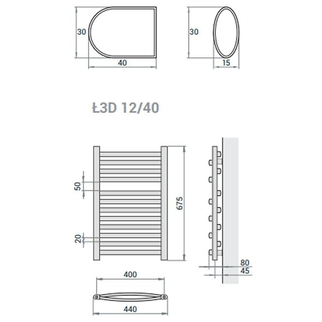 Fürdőszoba radiátor Łezka 3D Ł3D 12/40 fekete 675x440 mm