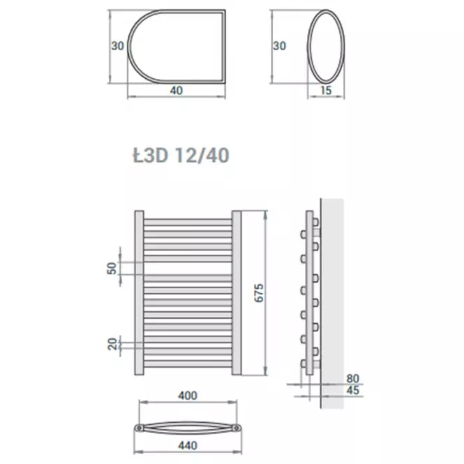 Fürdőszoba radiátor Łezka 3D Ł3D 12/40 fekete 675x440 mm,4