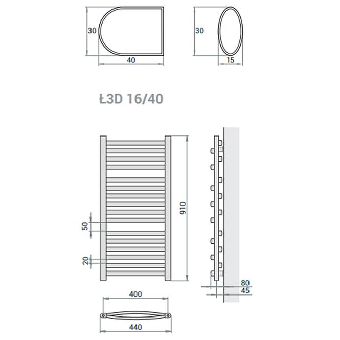 Fürdőszoba radiátor Łezka 3D Ł3D 16/40 fekete 910x440 mm