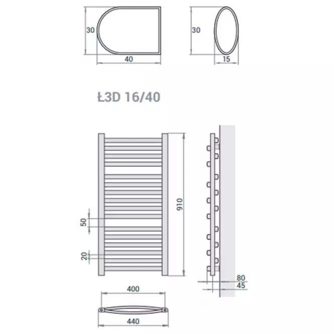 Fürdőszoba radiátor Łezka 3D Ł3D 16/40 fekete 910x440 mm,3
