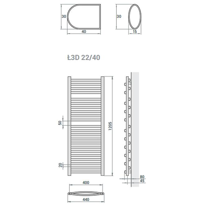 Fürdőszoba radiátor Łezka 3D Ł3D 22/40 fekete 1205x440 mm