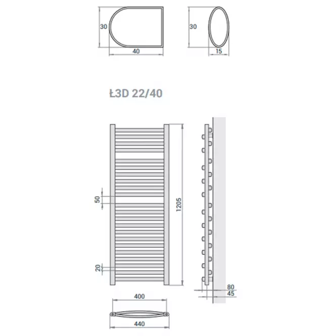 Fürdőszoba radiátor Łezka 3D Ł3D 22/40 fekete 1205x440 mm,4
