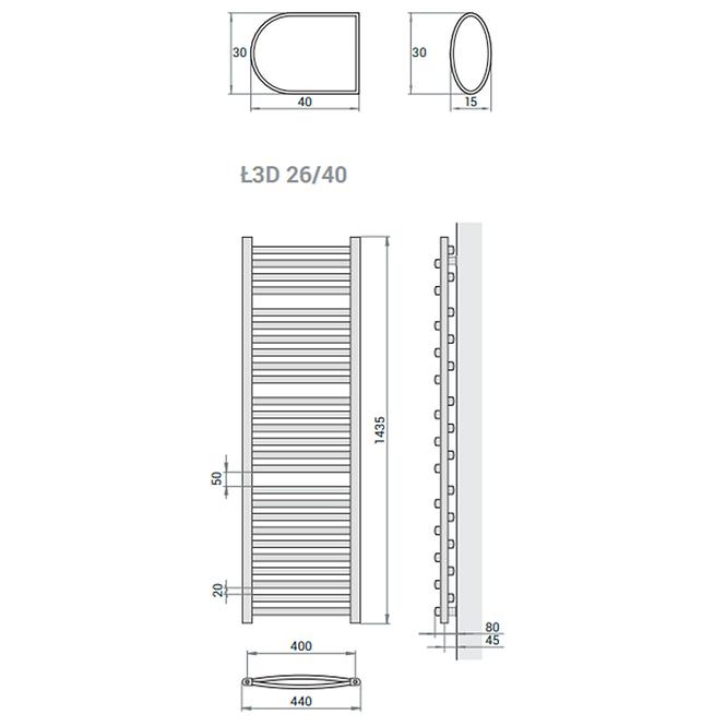 Fürdőszoba radiátor Łezka 3D Ł3D 26/40 fekete 1435x440 mm