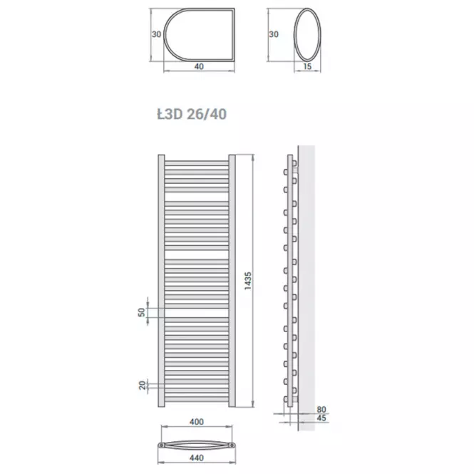 Fürdőszoba radiátor Łezka 3D Ł3D 26/40 fekete 1435x440 mm,3