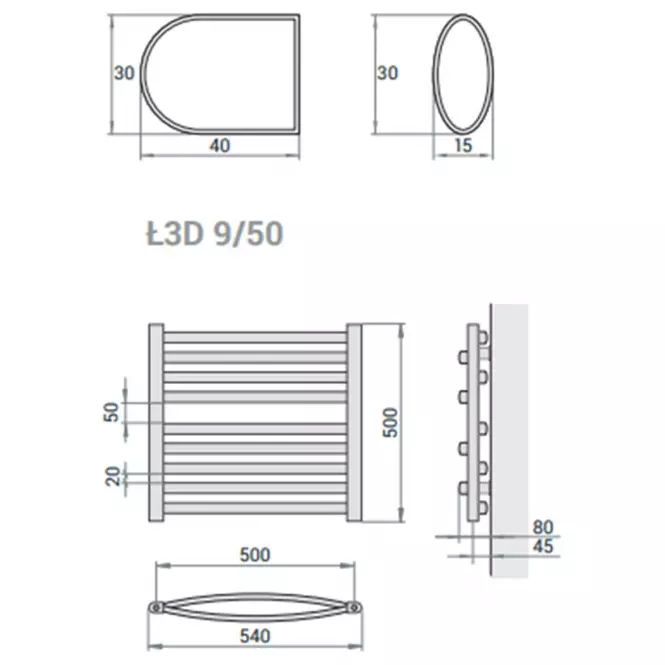 Fürdőszoba radiátor Łezka 3D Ł3D 9/50 fekete 500x540 mm