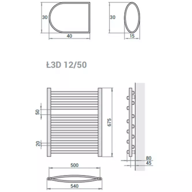 Fürdőszoba radiátor Łezka 3D Ł3D 12/50 fekete 675x540 mm,3