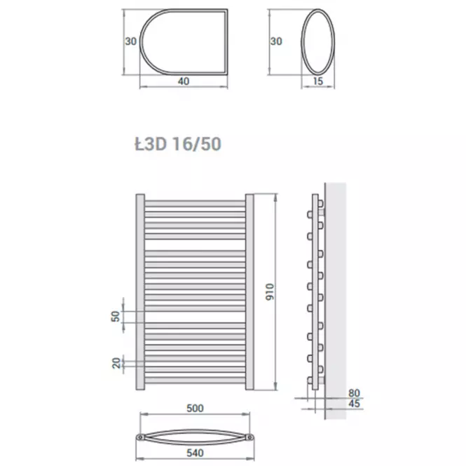 Fürdőszoba radiátor Łezka 3D Ł3D 16/50 fekete 910x540 mm,3