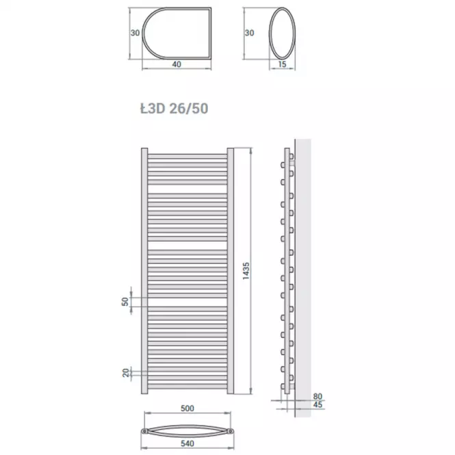 Fürdőszoba radiátor Łezka 3D Ł3D 26/50 fekete 1435x540 mm,2